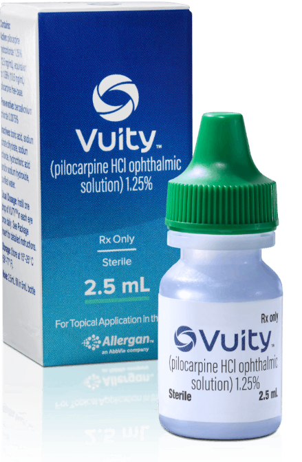 Woman putting VUITYTM prescription eyedrop in eye with VUITYTM bottle and packaging in foreground
