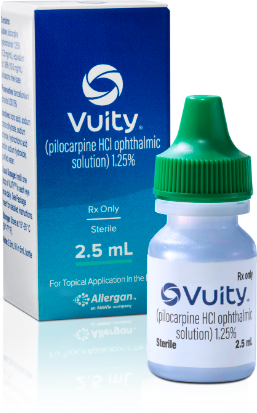 Woman putting VUITYTM prescription eyedrop in eye with VUITYTM bottle and packaging in foreground