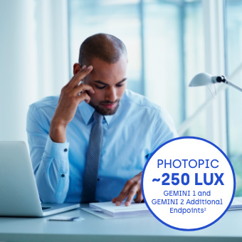 Man reading office paperwork under photopic conditions